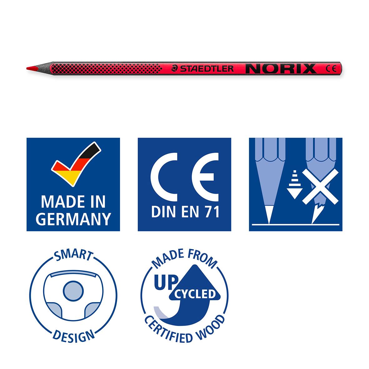 Röd färgpenna från Staedtler Norix med märkningar för Made in Germany och CE-märkning samt olika symboler
