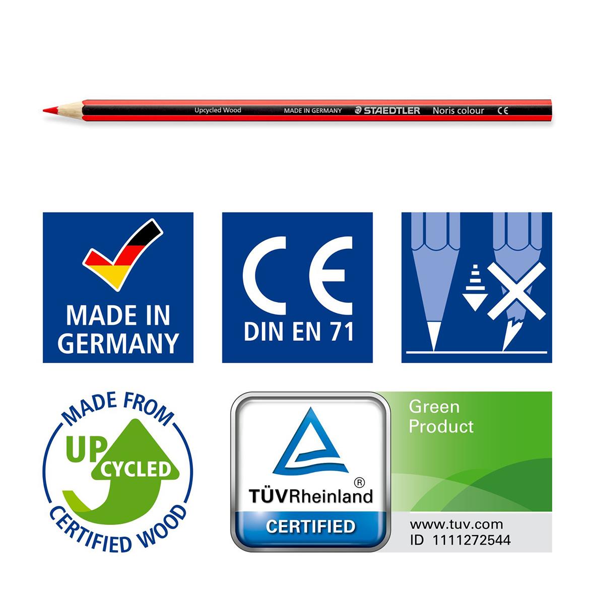 Färgpennor i 12 färger från Staedtler Noris 185, samt certifierings- och tillverkningsmärken
