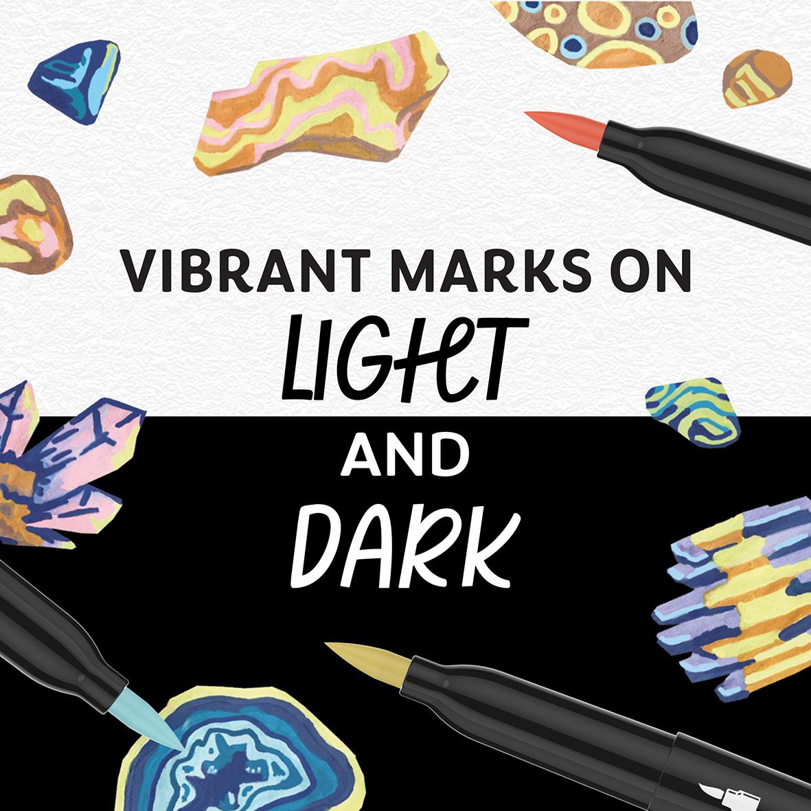 Märkpenna Sharpie Creative Earth Tones Brush tip med färgglada markeringar och text om ljusa och mörka färgmarkeringar
