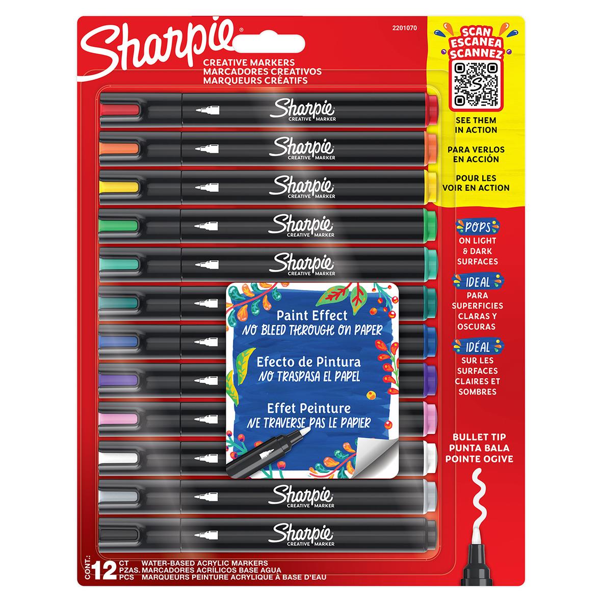 Set med 12 Sharpie kreativa märkpennor i olika färger med bulletspets, inklusive en penna med sprayfunktion för måleffekt