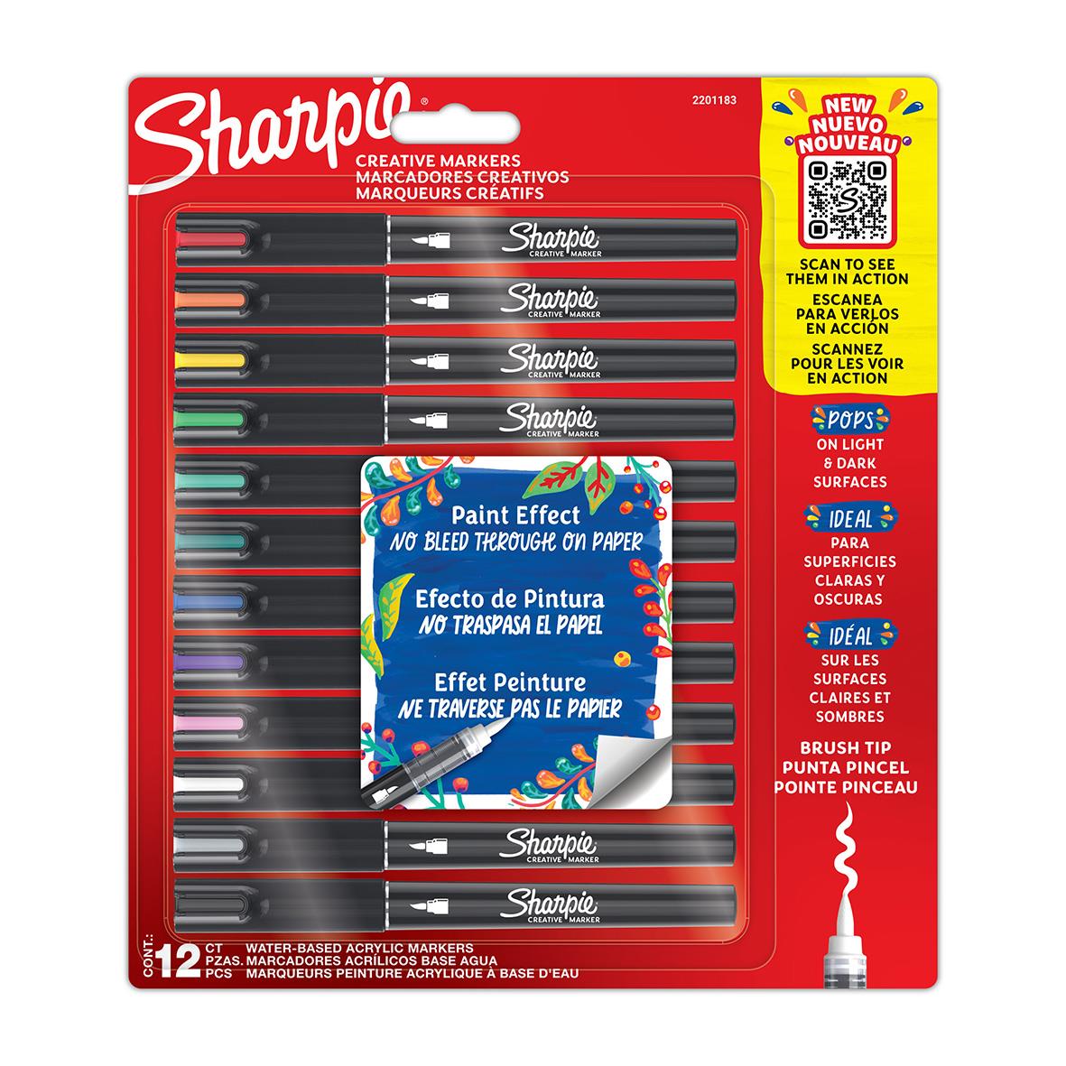 Set med 12 Sharpie Creative markers i olika färger med penselpipett, inklusive ett blad med Paint Effect markörer