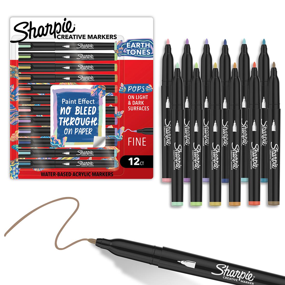 Set med 12 Sharpie Creative markers i olika färger med fin spets, vattenbaserad akrylfärg, på ljusa och mörka ytor