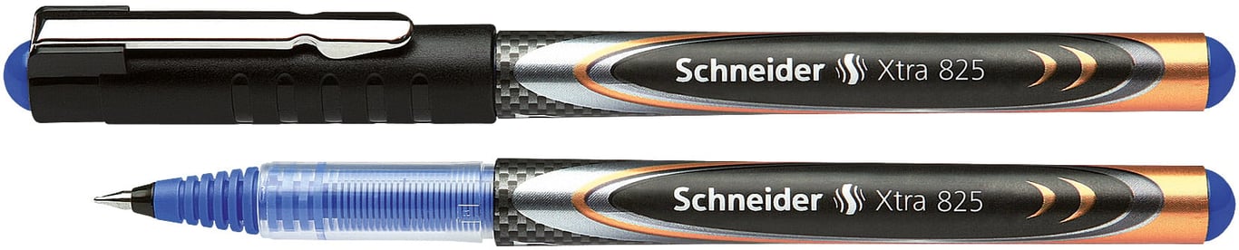 Blå Schneider Xtra 825 0.5 rollerpenna med svart kropp och blått bläck