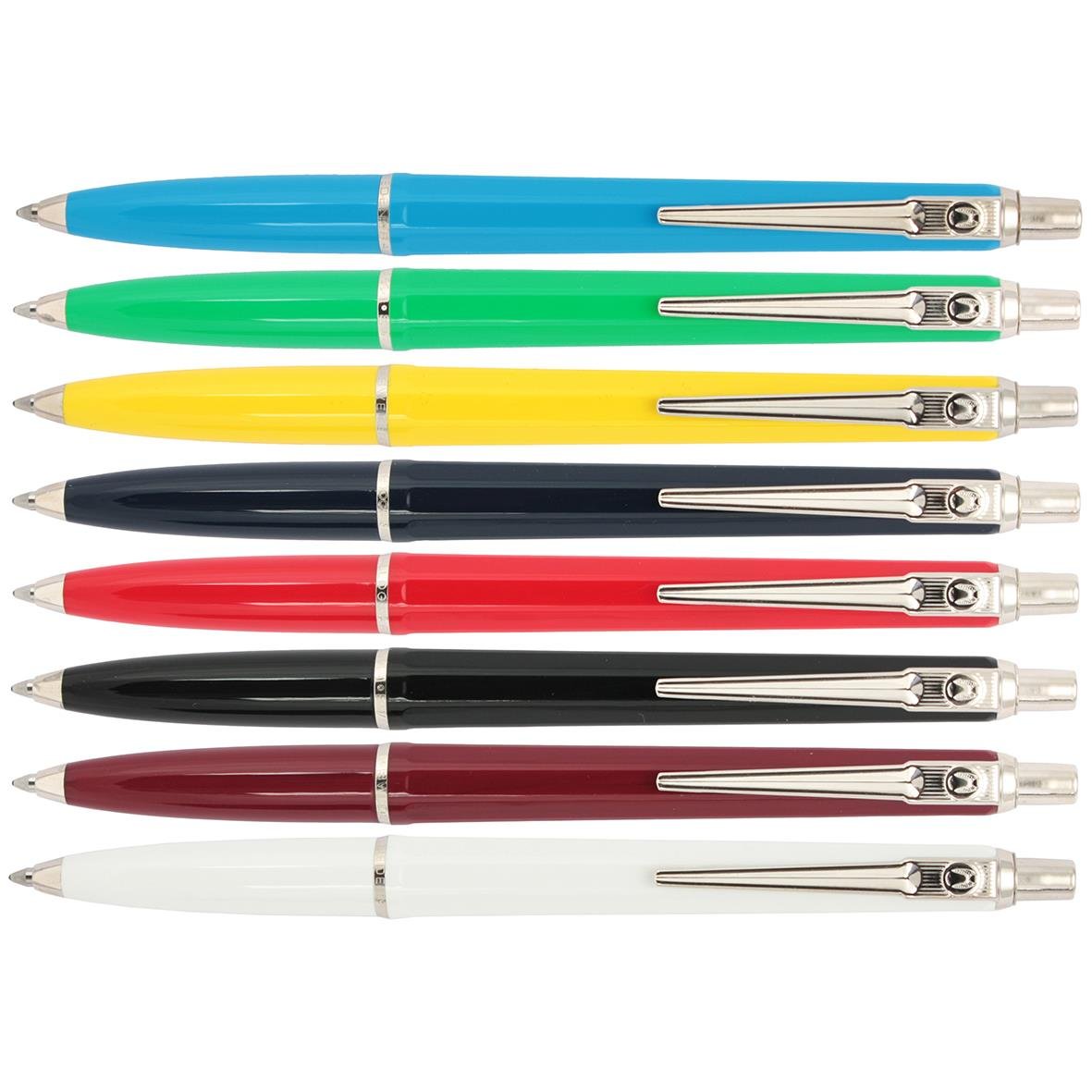 Färgglada kulspetspennor i blått, grönt, gult, svart, rött och vitt