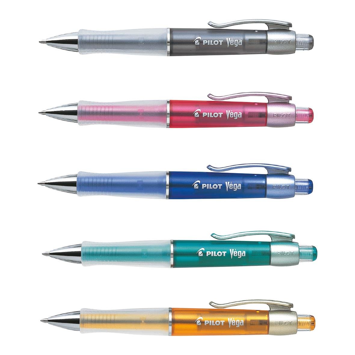 Fem kulspetspennor i olika färger: svart, rosa, blå, grön och orange