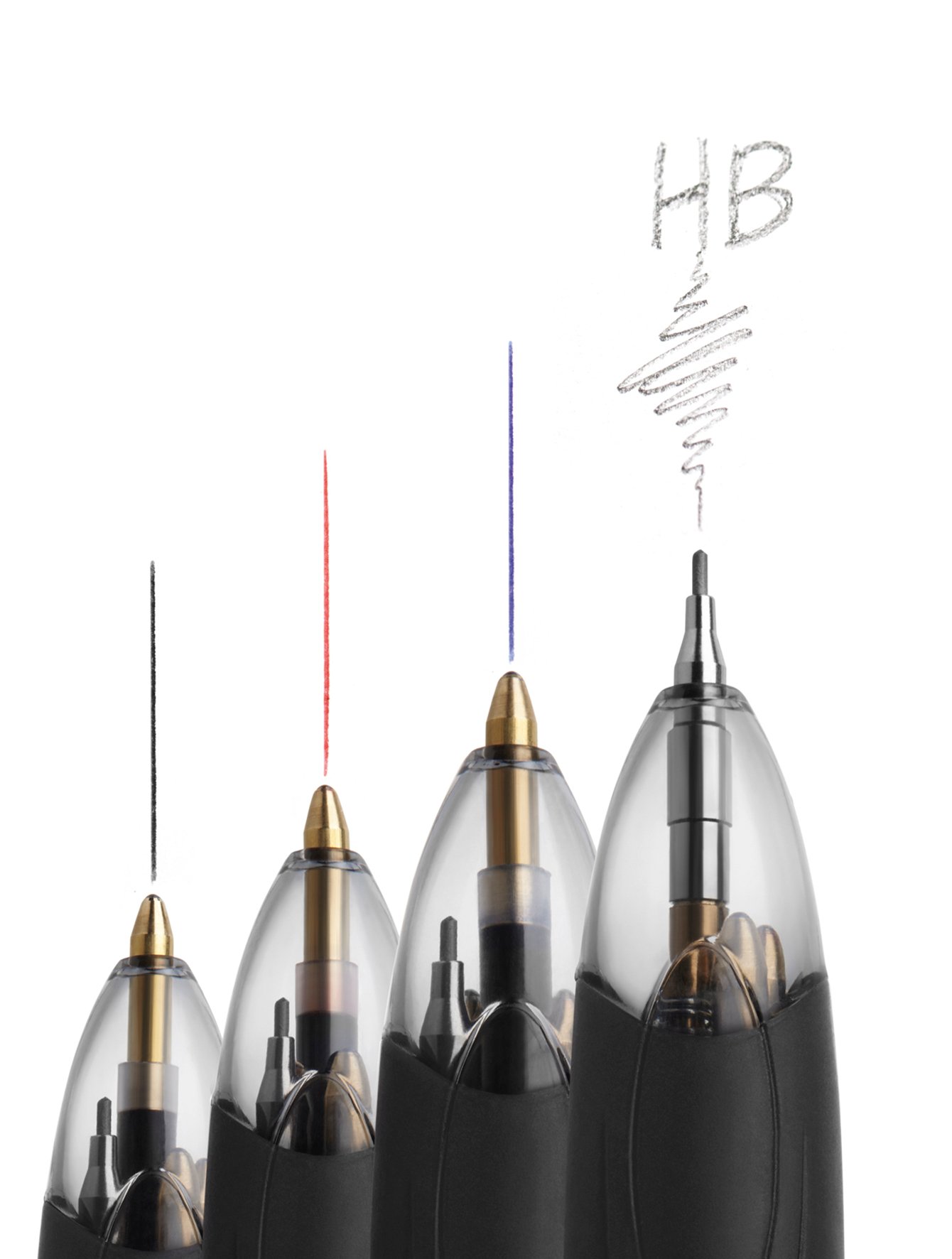 Kulspetspenna Bic med tre bläckfärger och blyertspenna, visar olika skrivstilar och färger