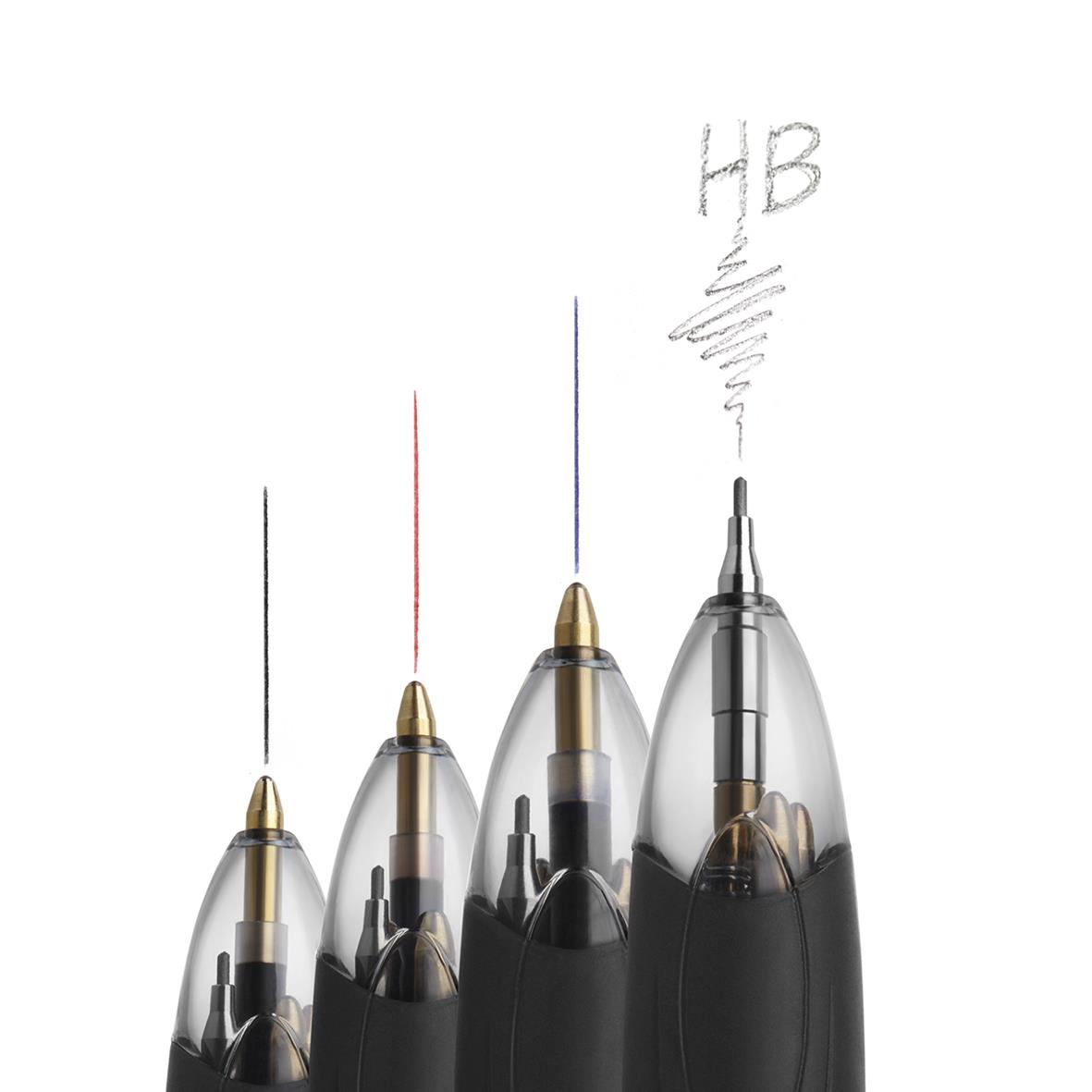 Kulspetspenna Bic med tre bläckfärger och blyertspenna, visar olika skrivstilar och färger