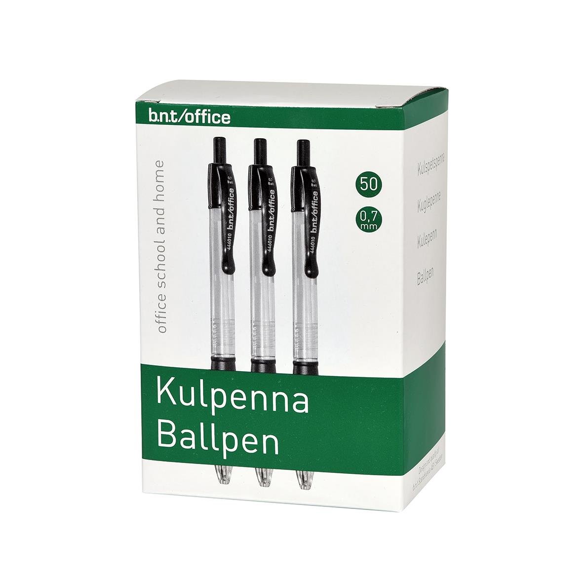 Tre svarta kulspetspennor med 0,7 mm spets i förpackning