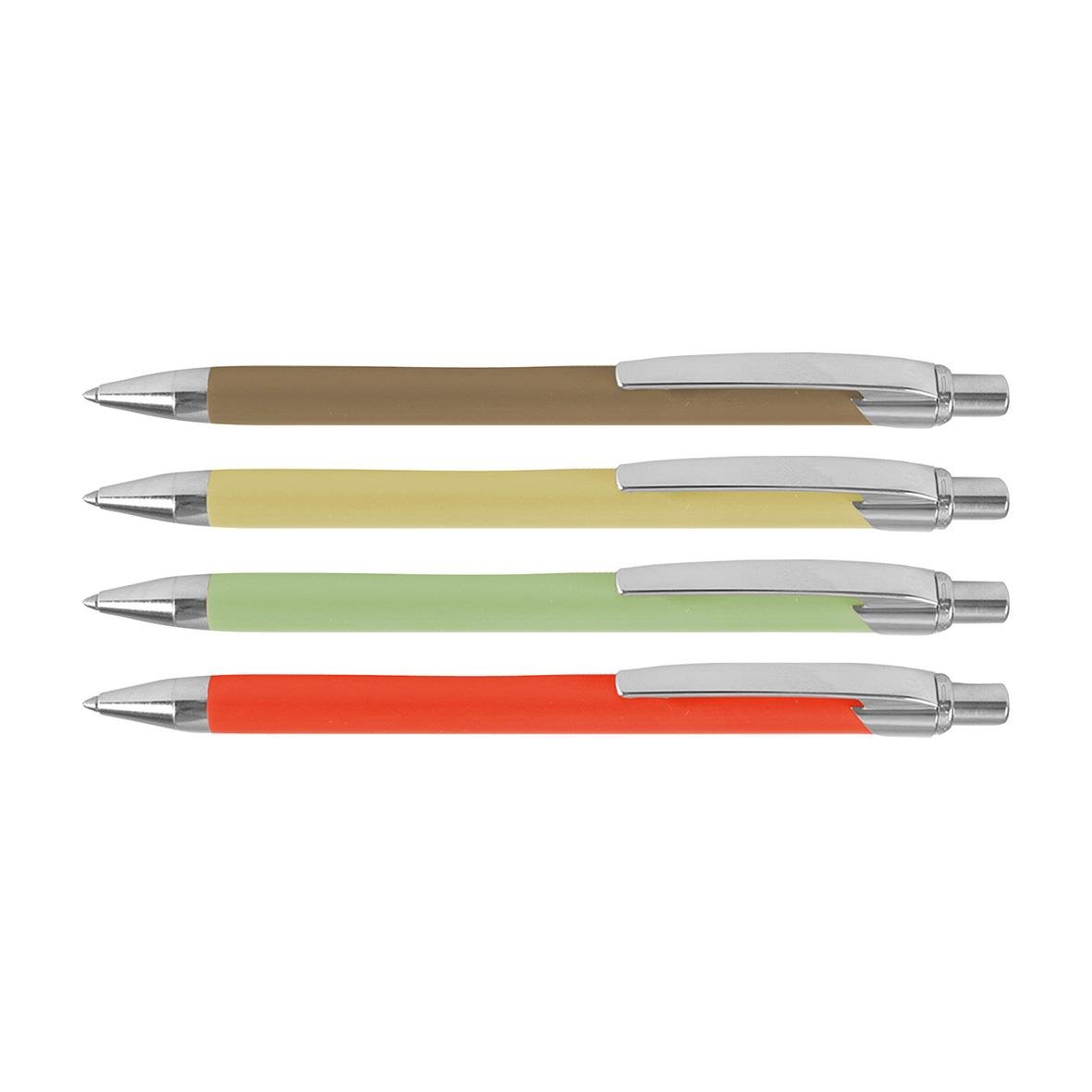 Fyra kulspetspennor i olika färger: gul, grön, brun och röd