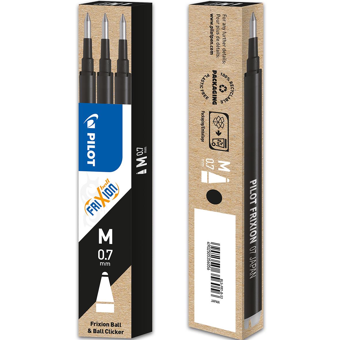 Tre svarta Pilot Frixion Clicker kulpennor i förpackning