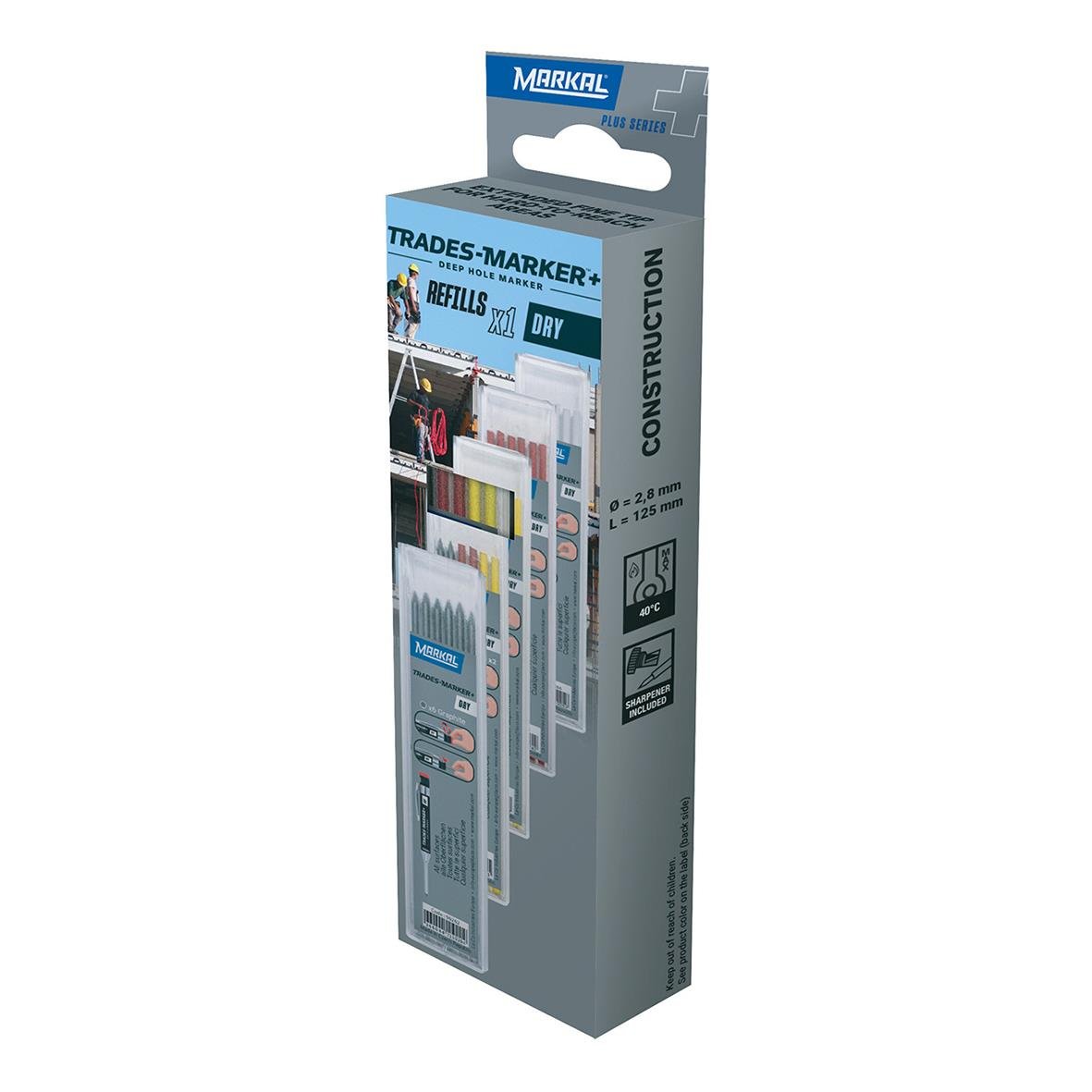 Reservstift Markal Trades Marker Dry i rött gult och grafit för bygg- och hantverksbruk