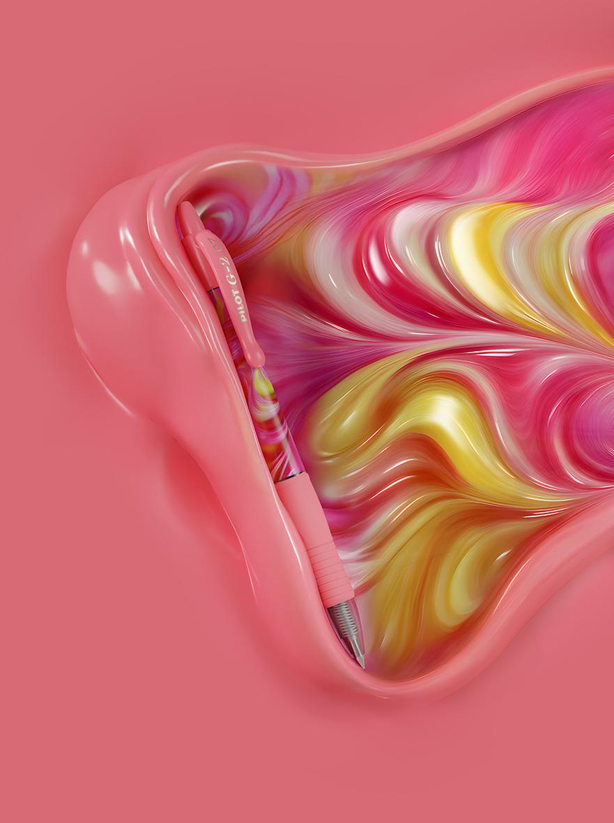 Pink pen i en form som ser ut som en läpp med en färgglad, marmorerad vätska inuti