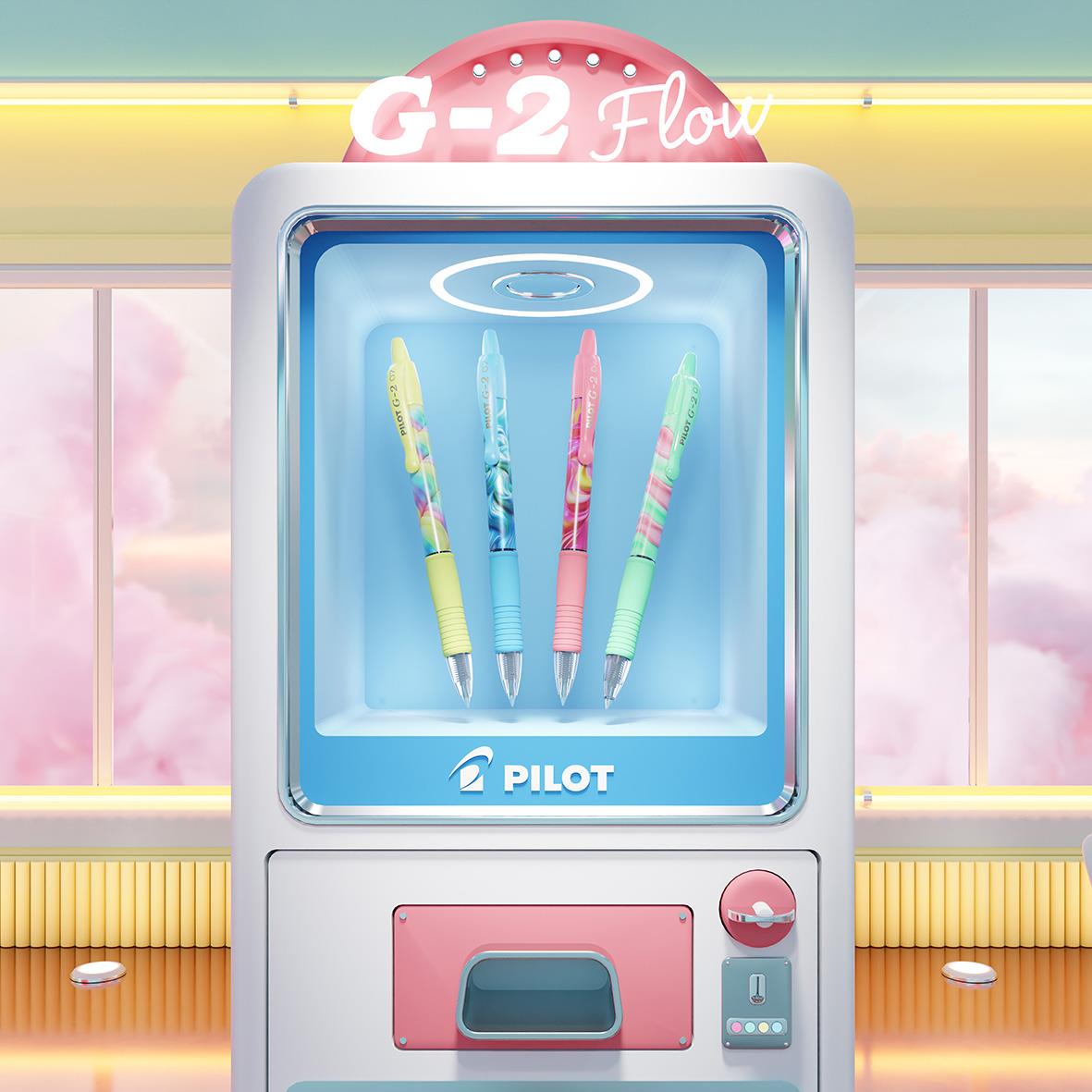 Väggfärgad klädmaskin med fyra färgglada bläckpennor inuti, en skylt med G-2 Flow och Pilot-logga