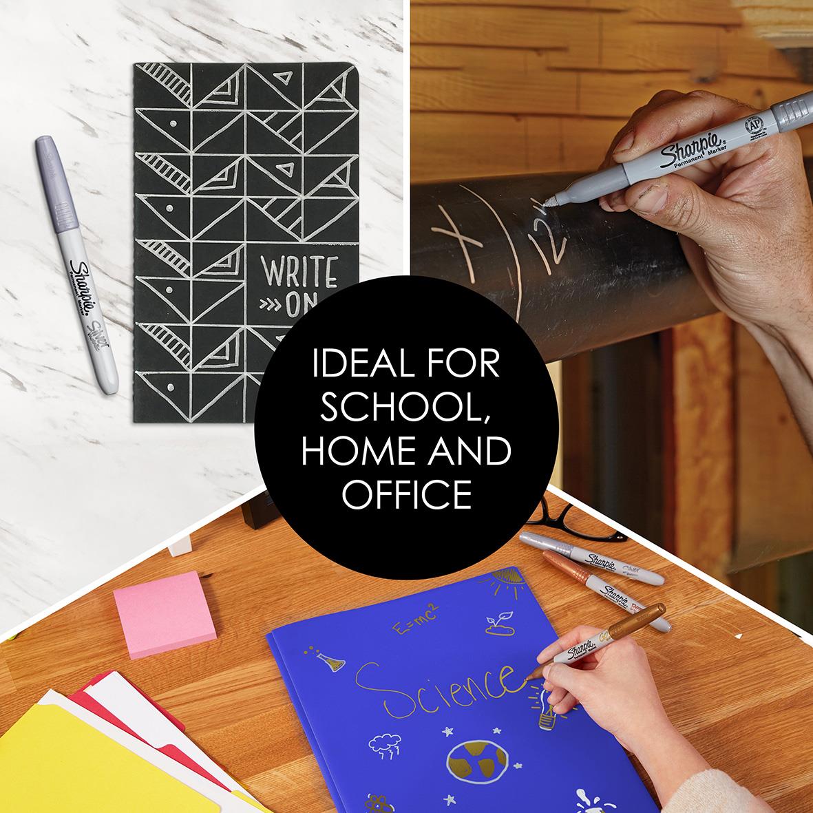 Märkpenna Sharpie Metallic Permanent 3 Färger Fine, perfekt för skola, hem och kontor, visas på olika ytor och papper