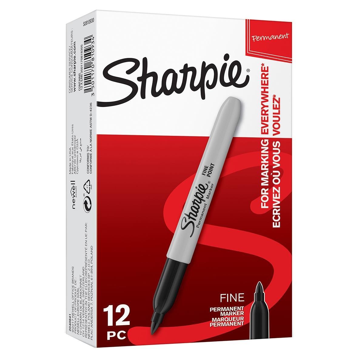 Svart Sharpie märkpenna i förpackning med 12 stycken, fin spets för permanent märkning