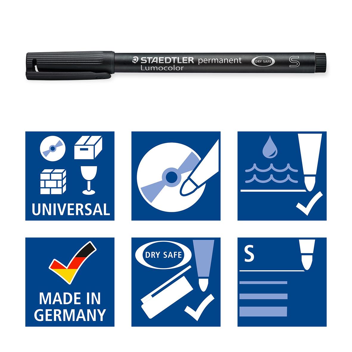 Universalpenna Staedtler Lumocolor 313 permanent svart 0,4mm med ikoner för universal, snabb torkning, vattentät, tillverkad i Tyskland, torr säkert och märknin