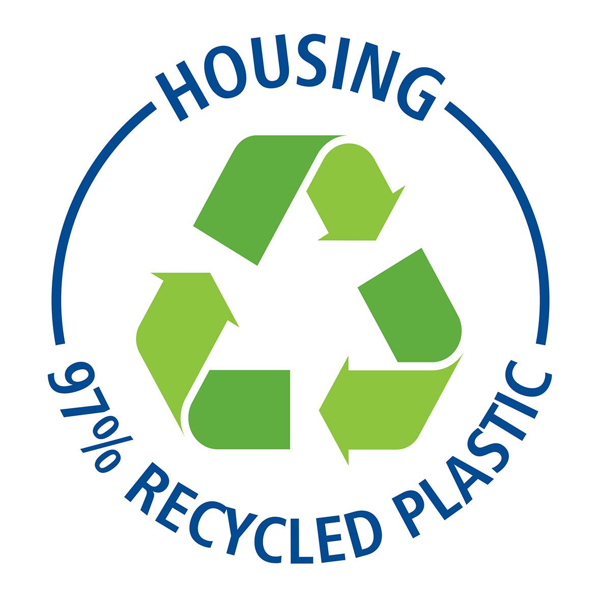 Recyclingmärke för återvunnet plastmaterial med text Housing 97% Recycled Plastic