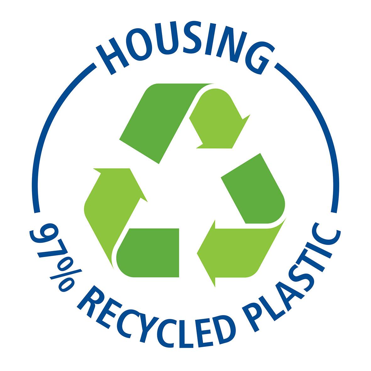 Recyclingmärke för återvunnet plastmaterial med texten 96% Housing Recycled Plastic