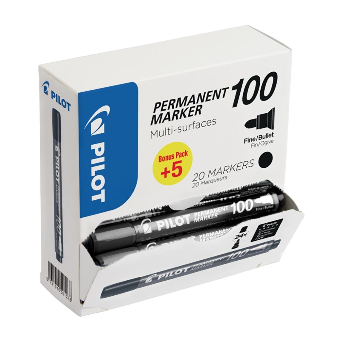 Pilot permanent marker 100 med svart bläck, rund, 1-4mm, i förpackning med 20 pennor och bonuspack med 5 extra