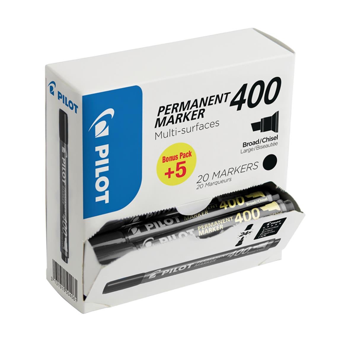 Pilot permanent markerpen 400, svart, skuren, 2-5mm, 20 markörer i förpackning