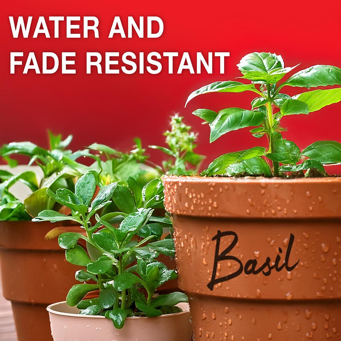 Basilväxt i kruka med text om vatten- och färrådsbeständig Sharpie permanentpenna med 12 färger