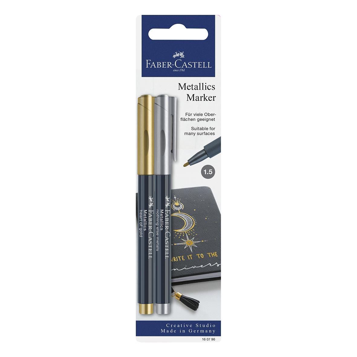Faber-Castell metallic marker i guld och silver, 1,5mm spets, för dekor och skrivning på många ytor