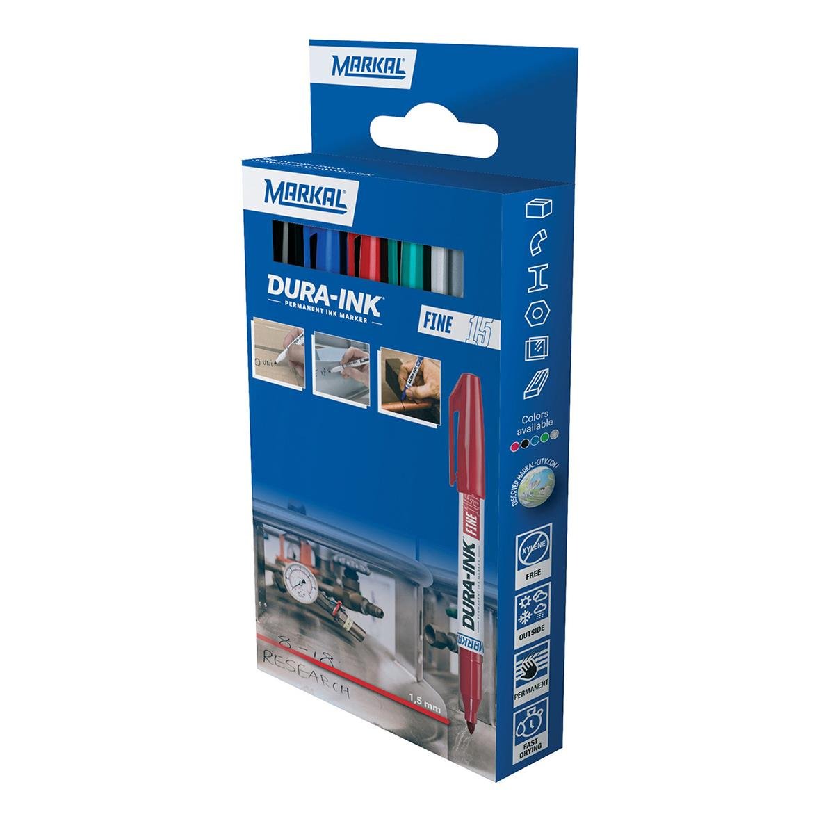 Märkpenna Markal Dura Ink 15 färger, 1,5mm, i blått förpackning