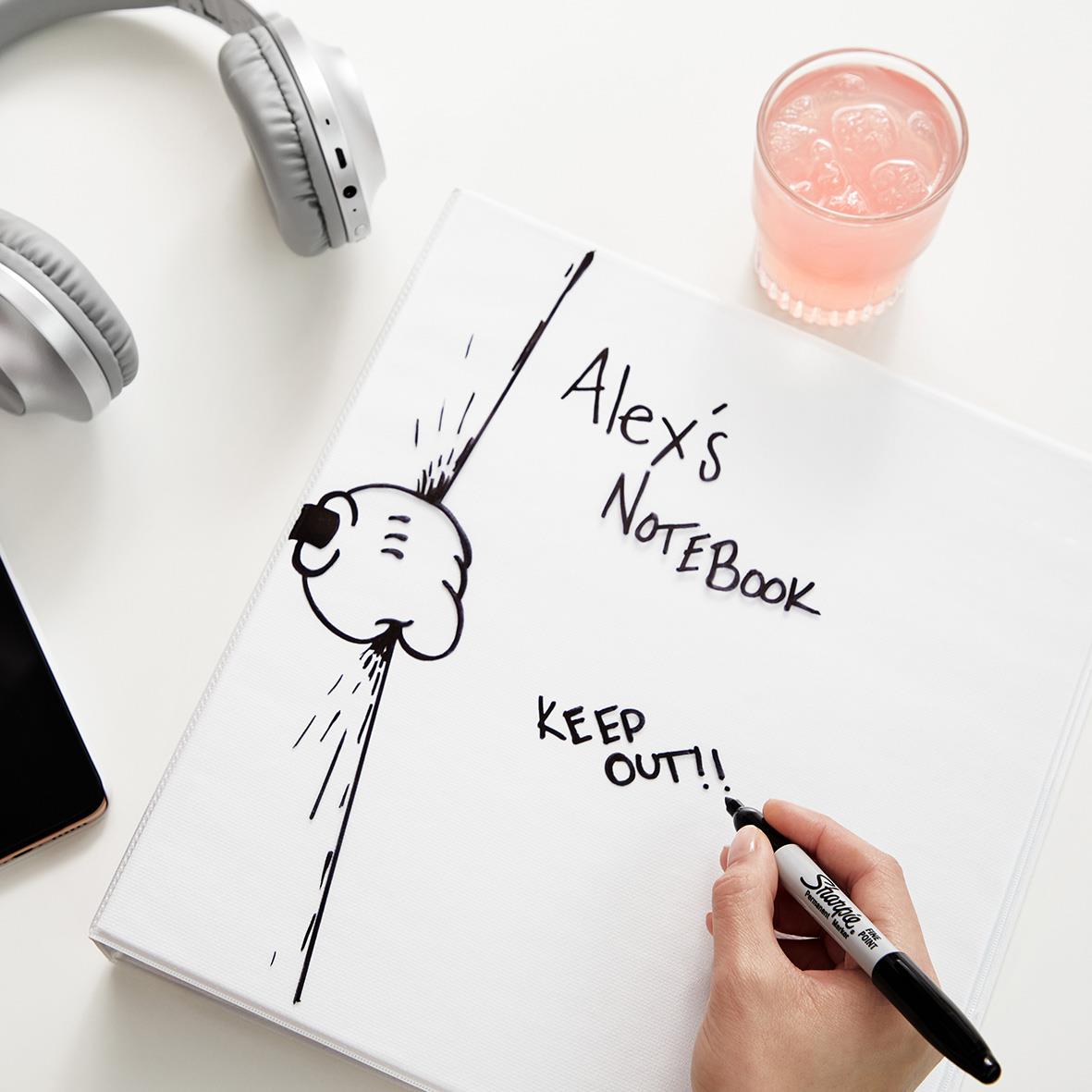 En hand som skriver med en svart permanent marker på en öppen anteckningsbok med en tecknad hund och texten Keep Out