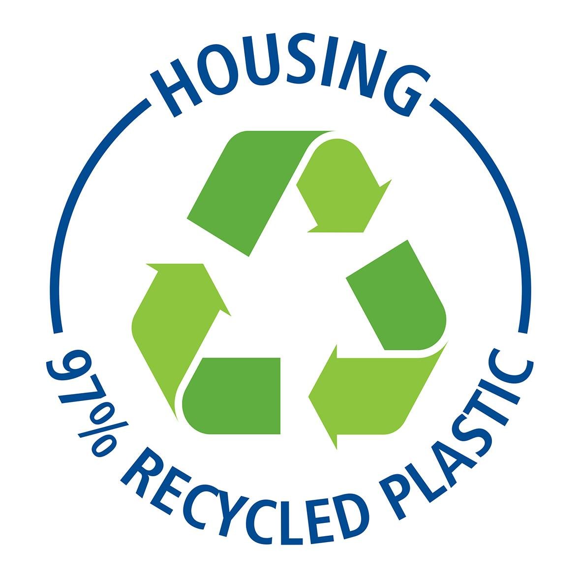 Recyclingsymbol för återvunnet plastmaterial med text Housing 97% Recycled Plastic