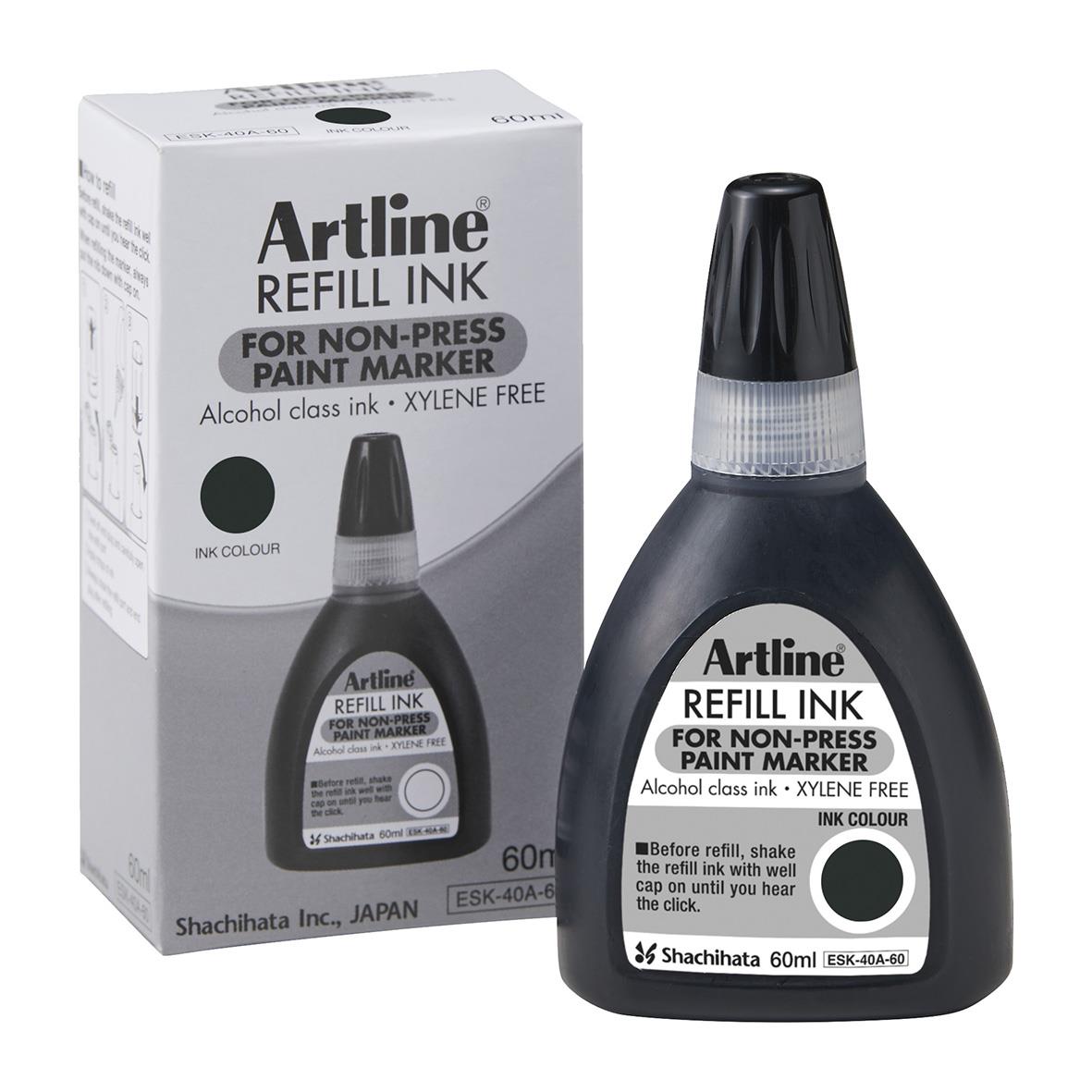 Flaska med Artline refillfärg för icke-pressade målarpennor och en box som visar produkten