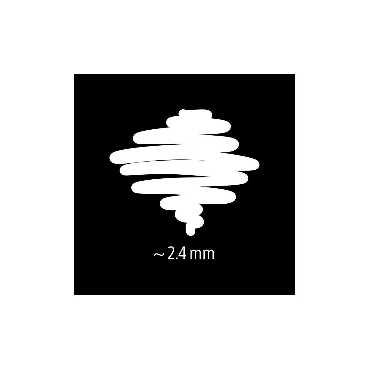 Vit märkpenna med kritliknande linjer på svart bakgrund, linjebredd cirka 2,4 mm