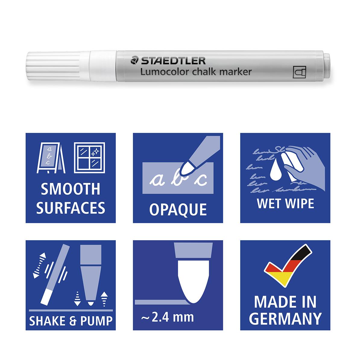 Vit Staedtler Lumocolor chalk marker med 2,4 mm spets för släta ytor