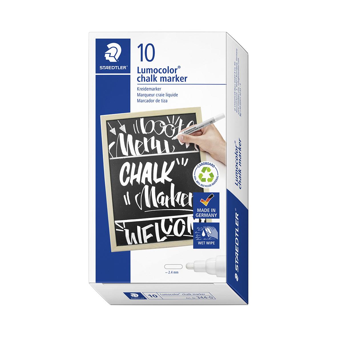 Förpackning med 10 vita Staedtler Lumocolor chalk markers med 2,4 mm spets