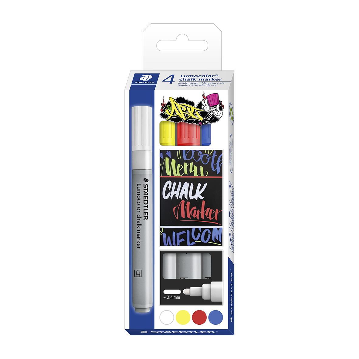 Förpackning med fyra Staedtler 344 Chalk Marker-märkpennor i vitt, gult, rött och blått, 2,4 mm