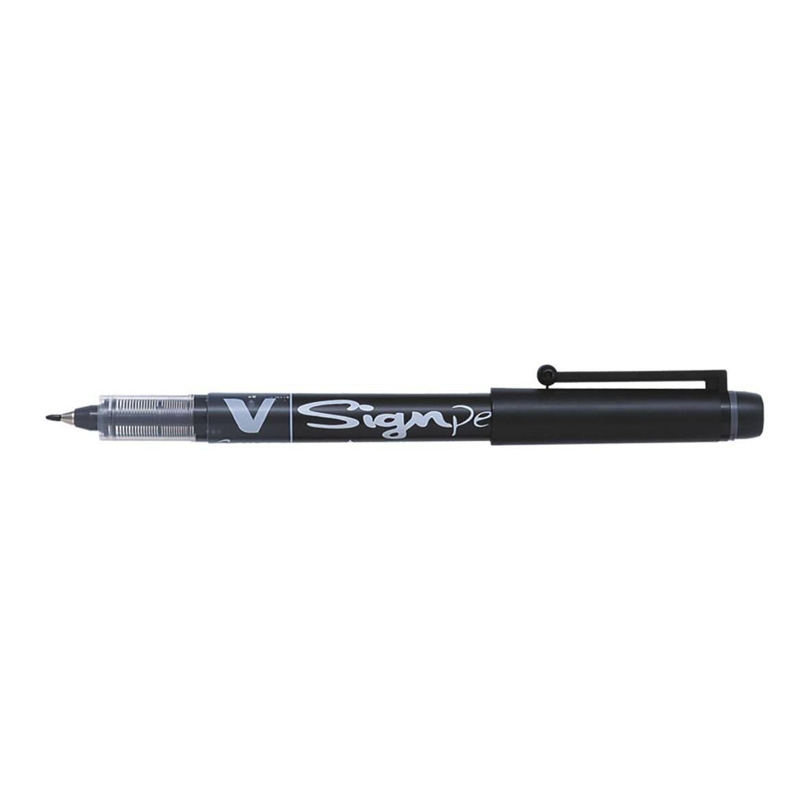 Svart fiberpenna Pilot V-Sign med 2mm spets, liggande på vit bakgrund