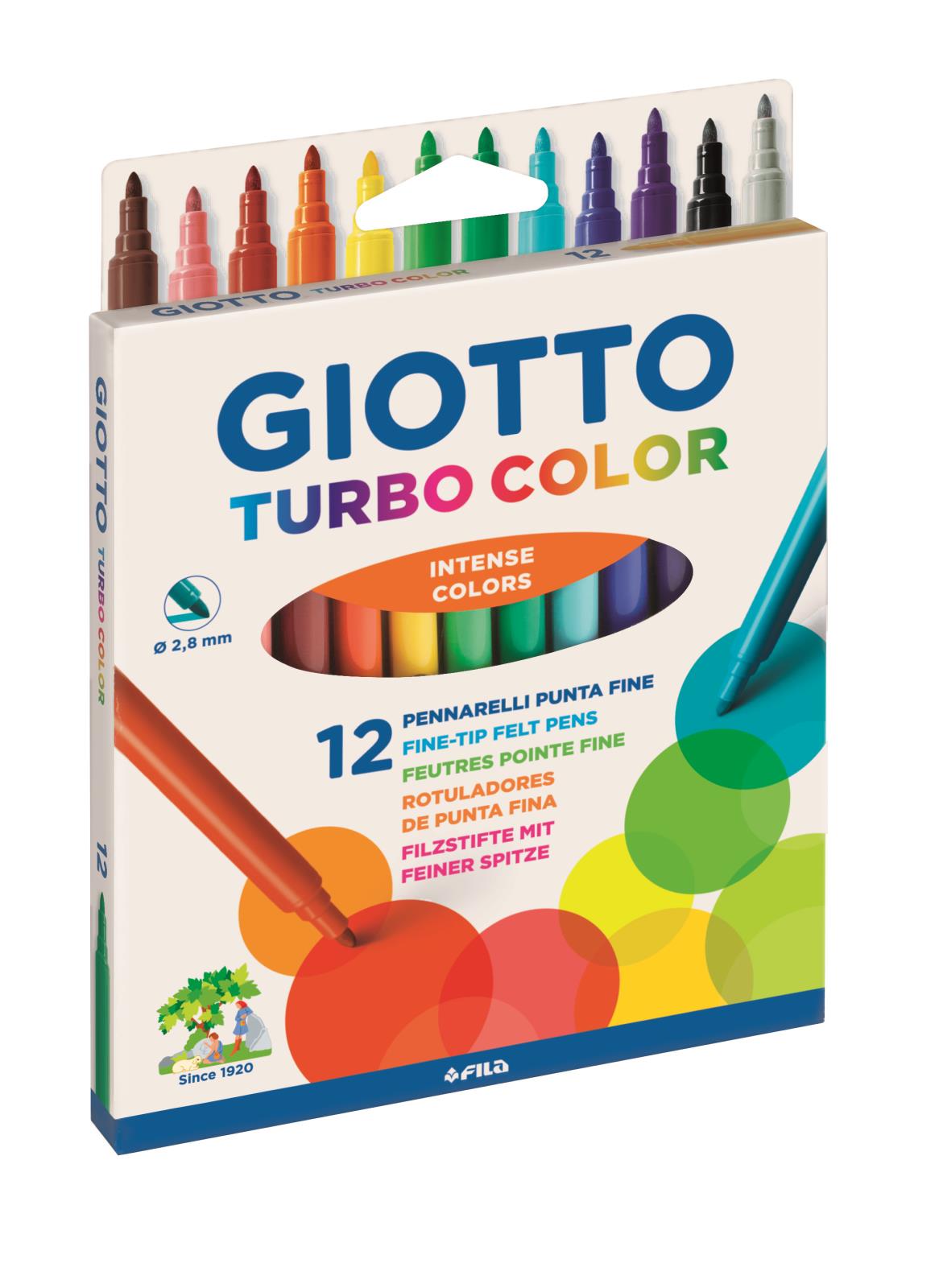 Fiberpenna Giotto Turbo Color 12-pack med 12 färger i en vit förpackning