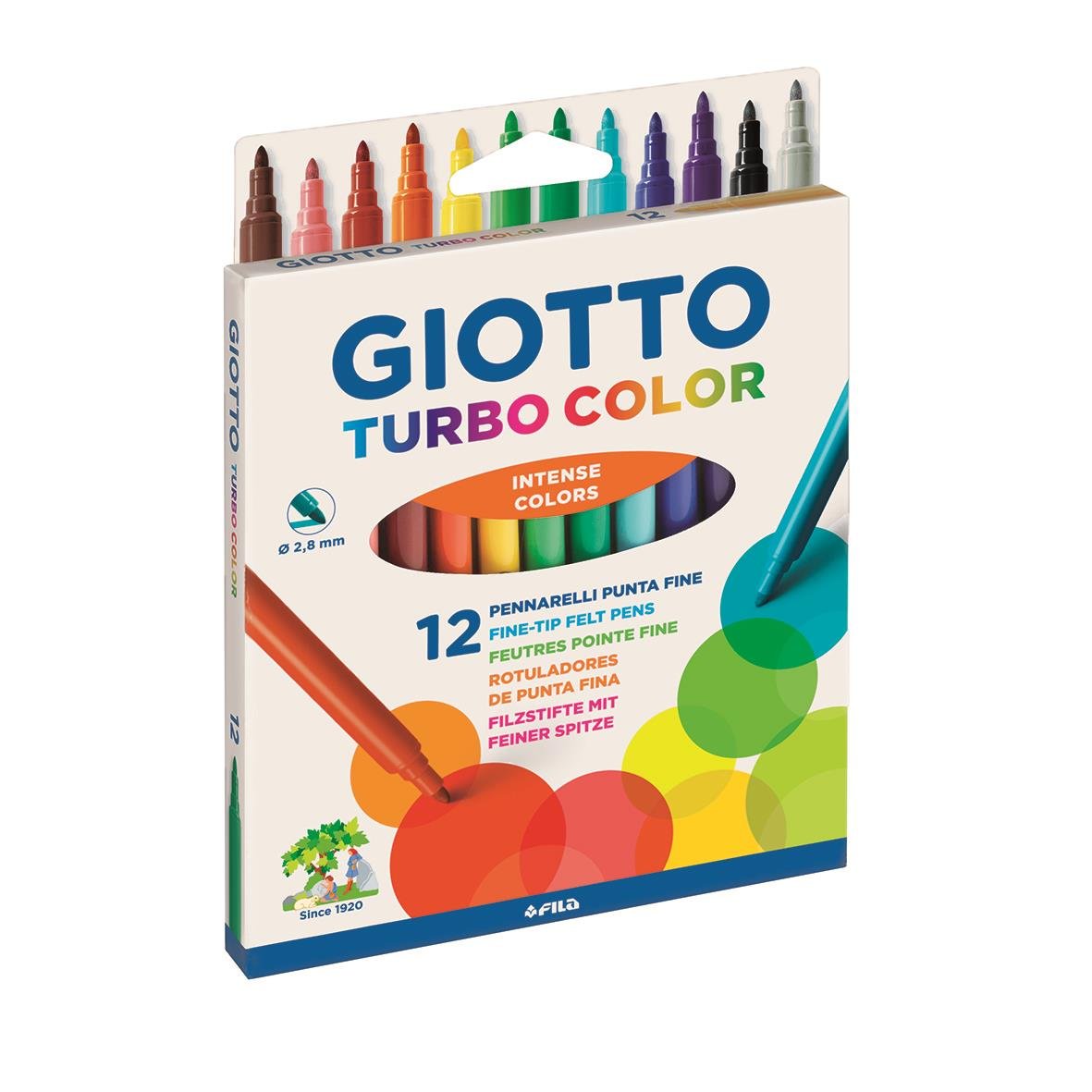 Fiberpenna Giotto Turbo Color 12-pack med 12 färger i en vit förpackning