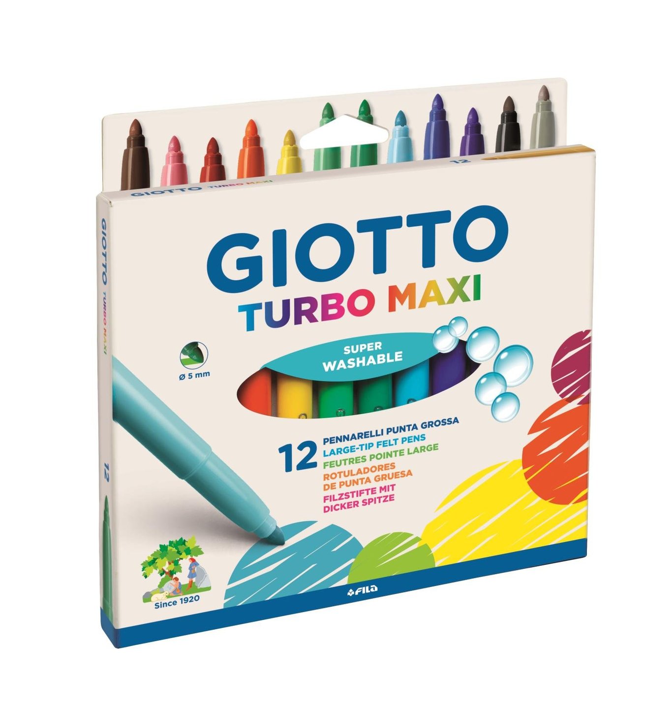 Fiberpenna Giotto Turbo Maxi 12 färger i förpackning med färgglada pennor