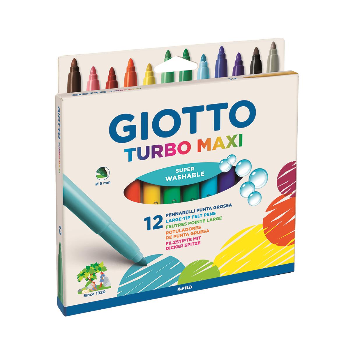 Fiberpenna Giotto Turbo Maxi 12 färger i förpackning med färgglada pennor