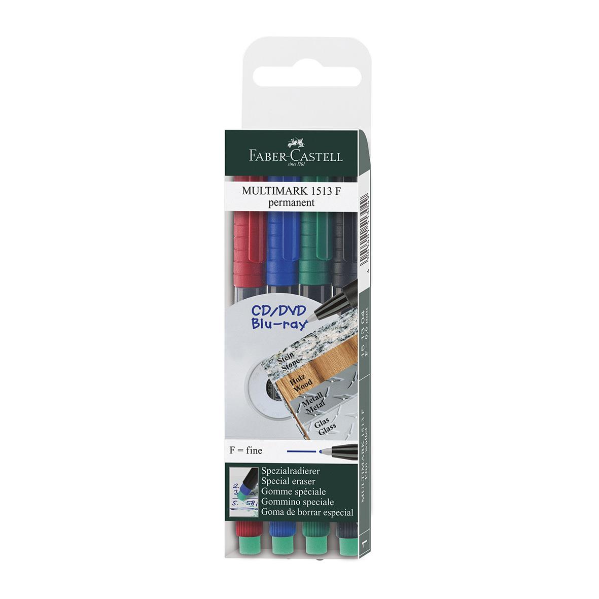 Faber-Castell Multimarker 1513 F permanent överheadpenna med flera färger, passar för CD, DVD, blu-ray, sten, trä, metall och glas
