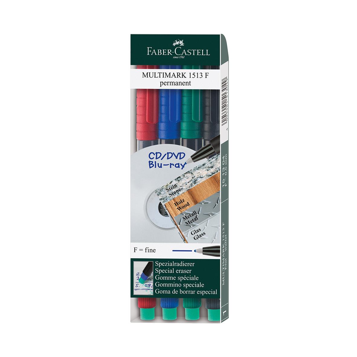 Faber-Castell Multimarker 1513 F permanent markeringar i rött, blått, grönt och svart, med specialraderare för olika ytor