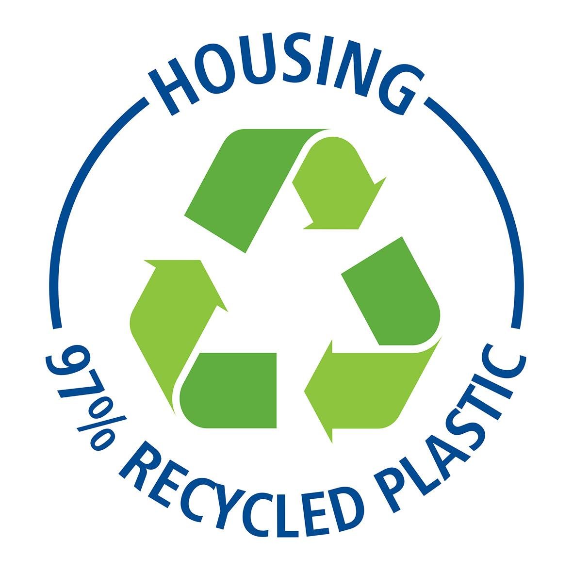 Symbol för återvunnet plastmaterial med texten Housing 97% Recycled Plastic kring en grön återvinningssymbol