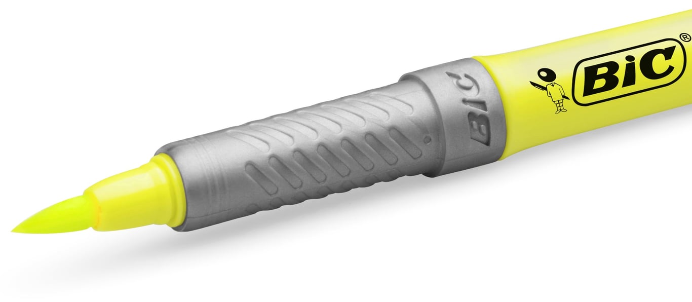 Gul överstrykningspenna Bic Flex med grått grepp och gul kropp