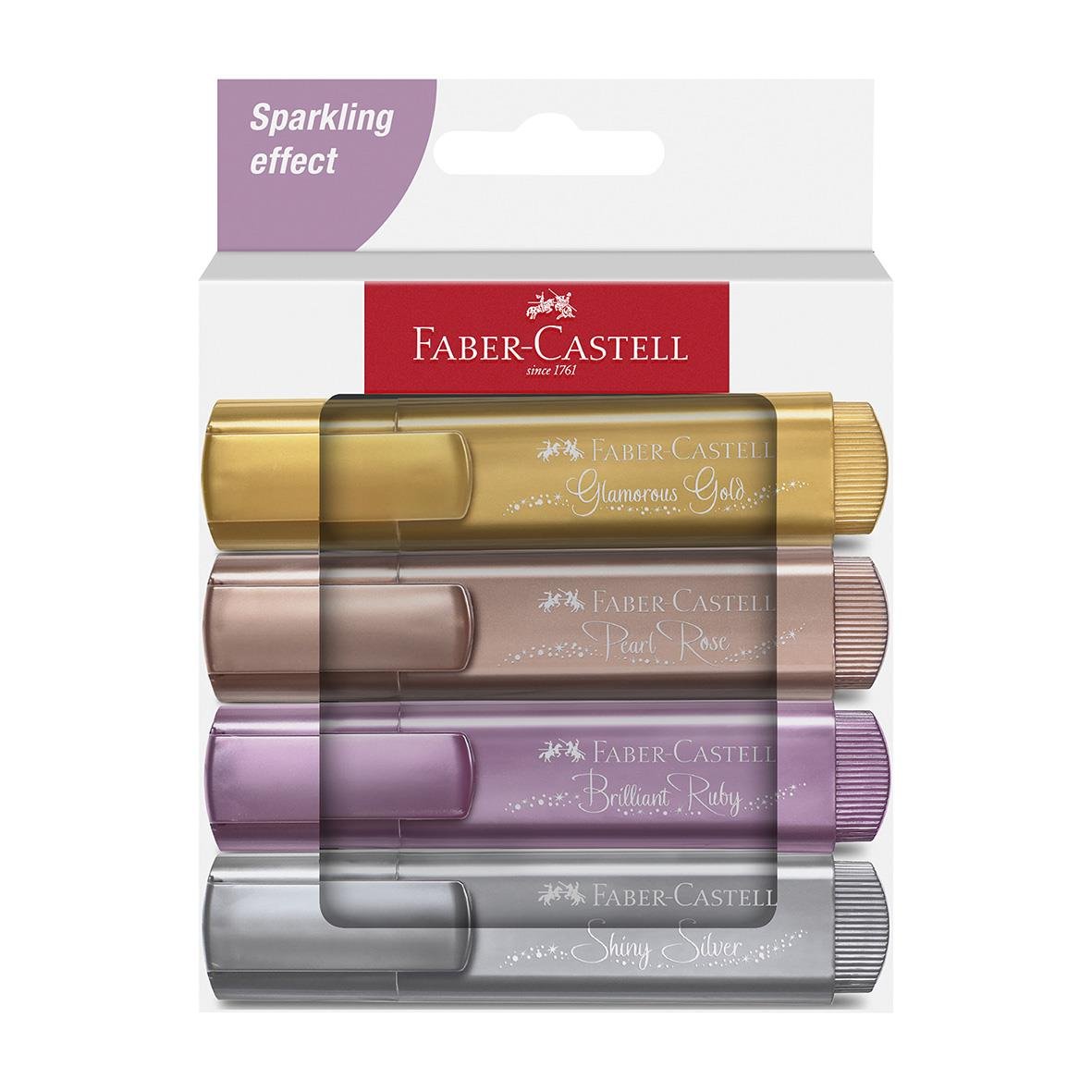 Faber-Castell Textliner 46 Metallic överstrykningspenna i guld, koppar, lila och silver med sparkling effekt