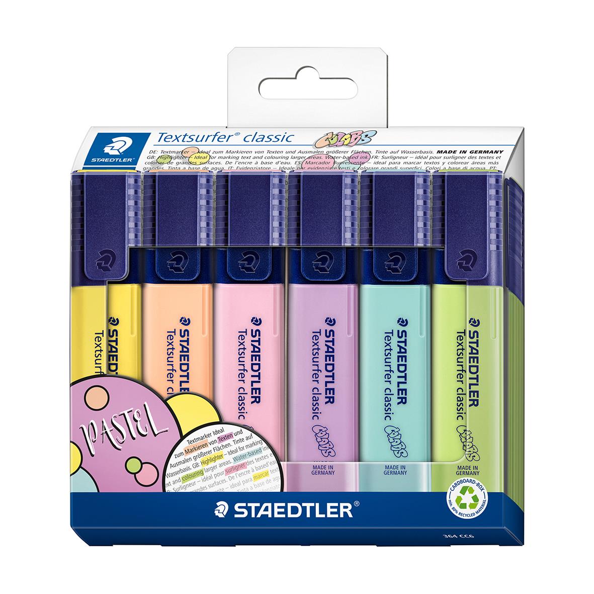 Set med sex pastellfärgade överstrykningspennor Staedtler Textsurfer 364 i olika färger