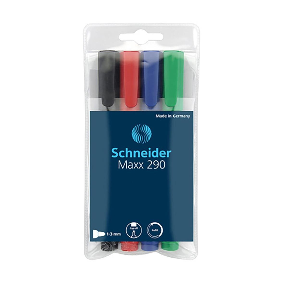 Schneider Maxx 290 whiteboardpenna med 4 färger och konisk spets 1-3mm, tillverkad i Tyskland