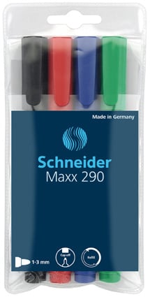 Schneider Maxx 290 whiteboardpenna med 4 färger och konisk spets 1-3mm, tillverkad i Tyskland