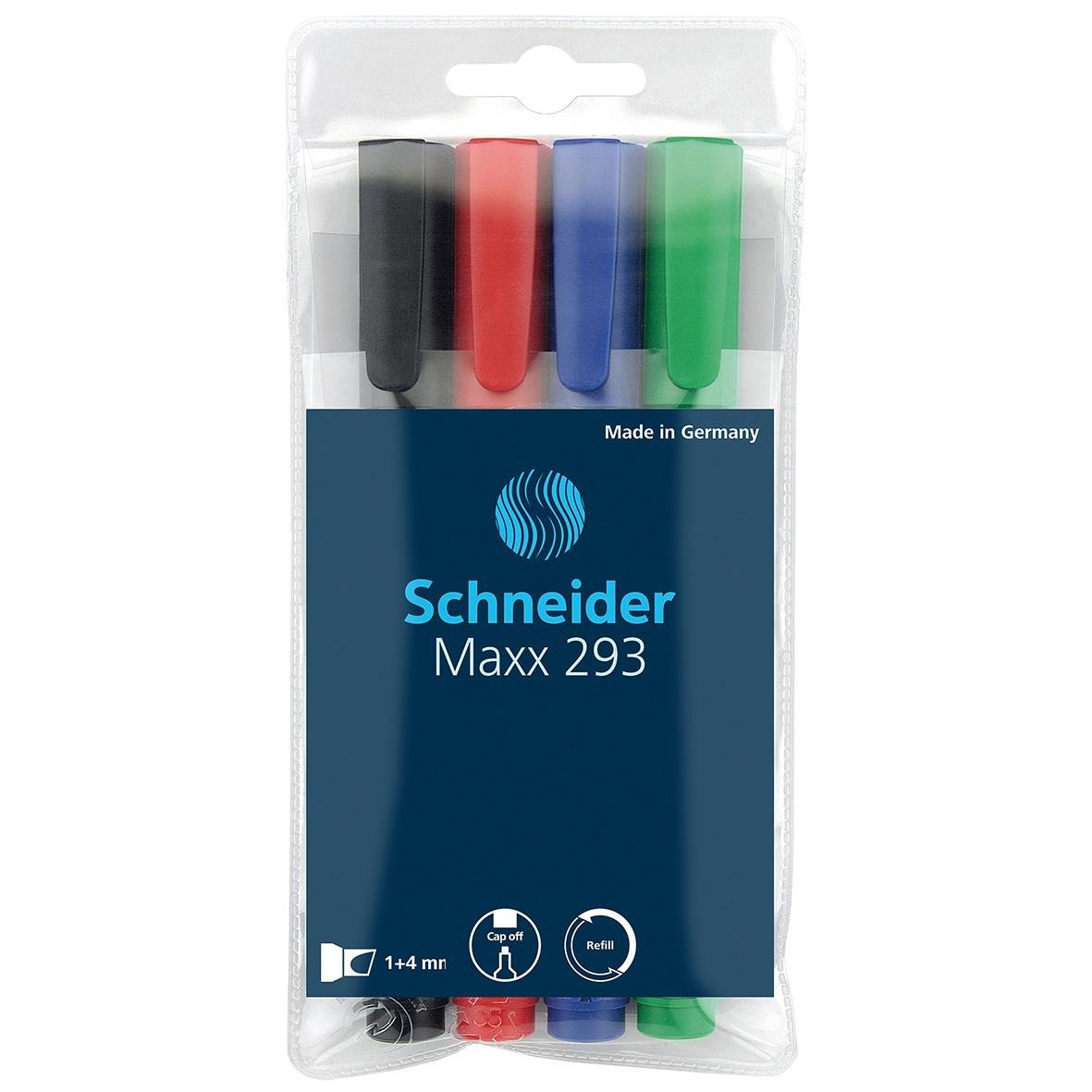 Set med fyra färgade whiteboardpennor i svart, rött, blått och grönt, 1-4 mm, i plastförpackning