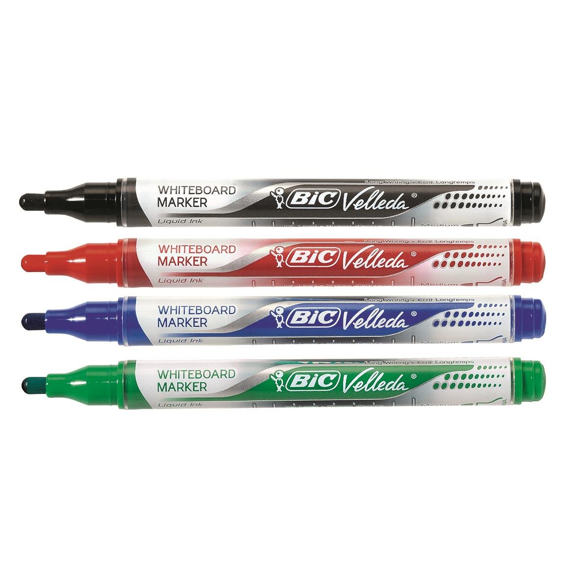 Set med fyra vita tavlepennor i svart, rött, blått och grönt från Bic Velleda