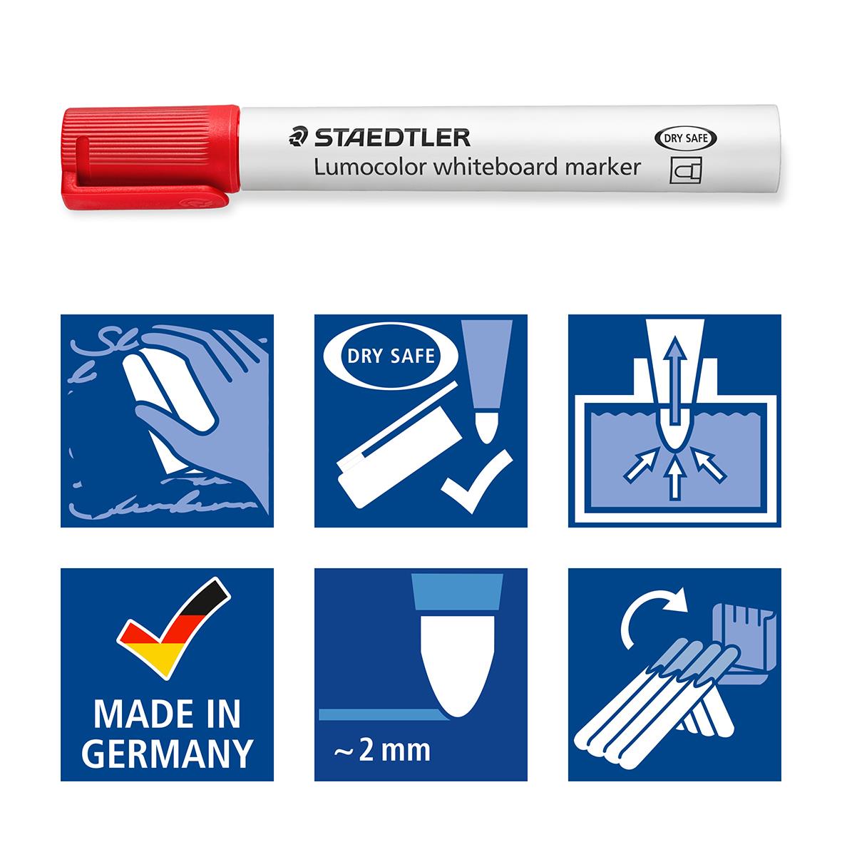 Vitwhiteboardpenna Staedtler Lumocolor med 4 färger och 2mm spets, torkar torrt, tillverkad i Tyskland